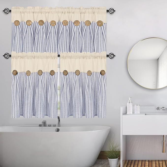 ASPMIZ Cotton Linen Kitchen Curtains 24 Inch Length Sets, Boho Rustic Button Tier Curtain Farmhouse Blue Stripe Half Window Curtains, Country Short Rod Pocket Curtain for Small Window, 2 Panels
