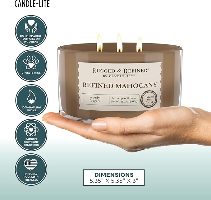 Candle-Lite Scented Candles for Men, Refined Mahogany Fragrance, 16.25 oz Jar, 3-Wick, 51 Hours of Burn Time, Masculine Aromatherapy with Long Lasting Scent, Ideal Gift for Father's Day and Home Decor