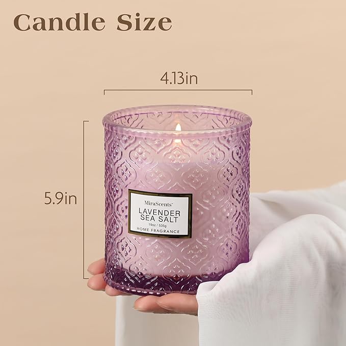 Lavender Sea Salt Scented Candles, 19oz Candles Gifts for Women, Purple Luxury Large Decorative Candles in Glass, Natural Soy Wax for Home