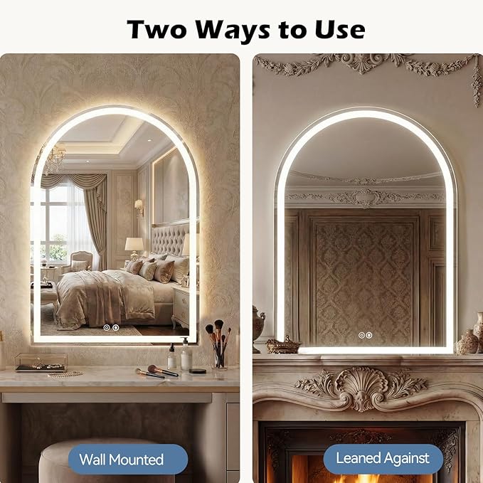 Sweetcrispy 20“×28” LED Bathroom Backlit Mirror with Lights, Arched Vanity Mirror with Anti-Fog, Dimmable, 3-Color Light, Memory Function, Tempered Glass