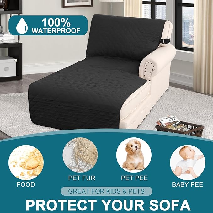 Turquoize 100% Waterproof Sofa Covers Chaise Lounge L Shape Sofa Protector Slip Cover Triple Non-Slip Sofa Slipcover for Chaise Sectional Couch Cover for Pets, Kids (Chaise, Black)