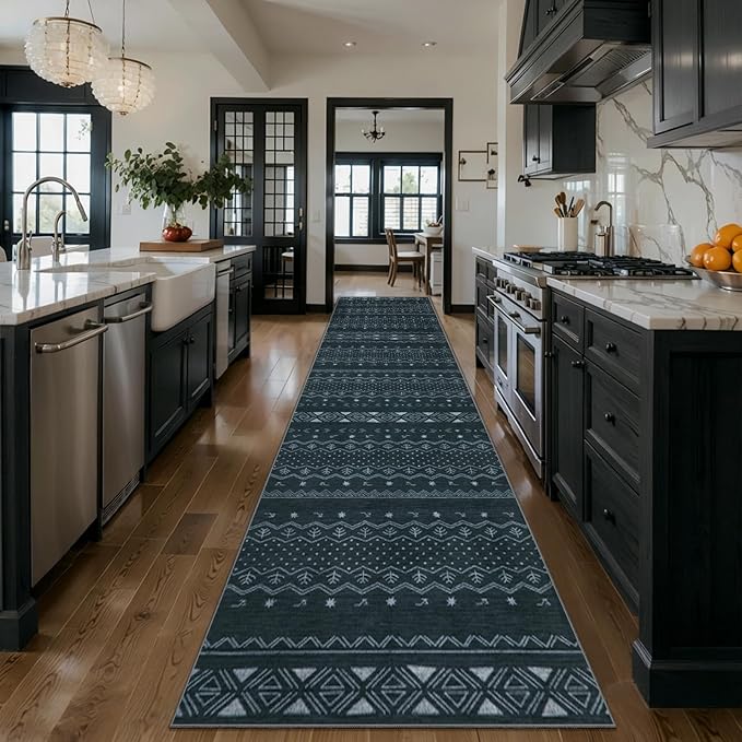 SERISSA Hallway Runner Rug, 2x10 Washable Non-Slip Grey Boho Rug, Soft Low-Pile Geometric Indoor Long Carpet for Kitchen Laundry Room Bathroom Bedroom Entryway Stair