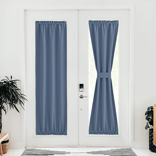 NICETOWN French Door Blackout Curtain for Kitchen Thermal Insulated Drapes Temporary Window Treatment Covering for Glass Door Rod Pocket with Tieback, 25" x 80", Stone Blue, 1 Panel