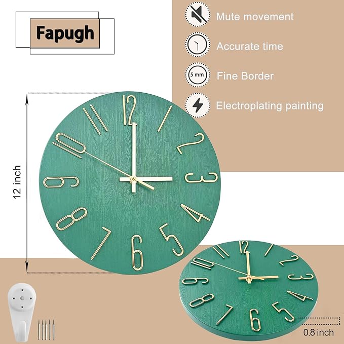Wall Clock, Silent Clock, Wall Clocks Battery Operated??? 12 inch Modern Wall Clock, Suitable for Offices, Living Rooms, Kitchens, Homes, Schools (Grass Green Without Second Hand)