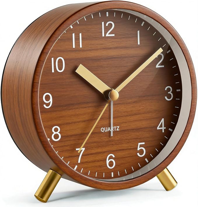 Analog Alarm Clock, Silent Non-Ticking with Night Light, Retro Fashionable Round Metal Alarm Clock for Office, Battery Operated, Bedroom, Elderly, Adults, Men Gifts Back to School,Wood-like Color by Unknown
