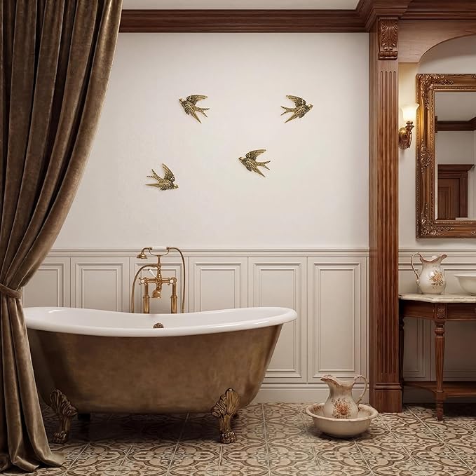 4 Pcs Vintage Bird Wall Sculpture Decor Art 4.7 Inch Antique 3D Sculpted Hanging Bird Resin Wall Art Golden Brass Floating Ornament for Living Room Garden Outdoor, Gifts for Couples Housewarming