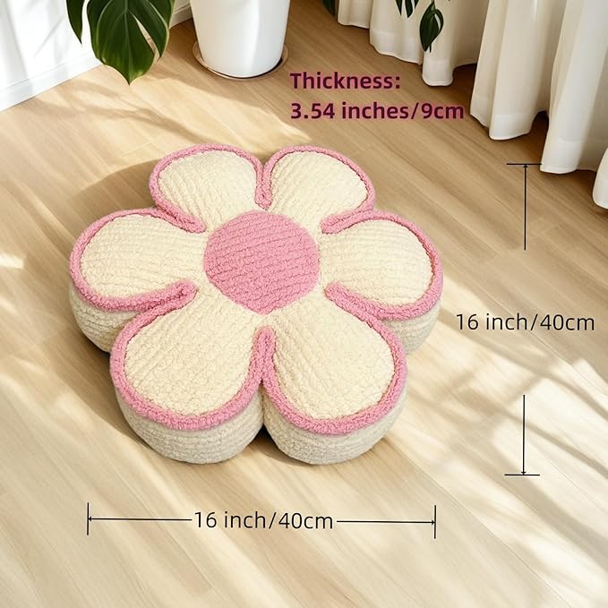 Beige Preppy Throw Pillow Decorative Flower Pillows 16" Cute Soft Fluffy Daisy Shaped Floor Cushion Aesthetic for Sitting Chair Couch Bed Room Bedroom Decor (1, Beige, 16 Inch)