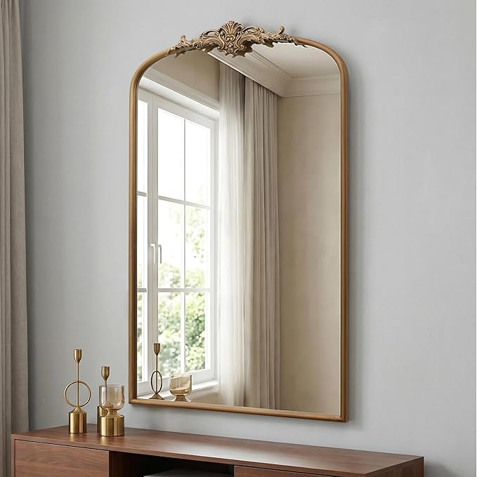 Besdomus Vintage Gold Arched Mirror: 24"x42" French Large Arch Gold Antique Vanity Wall Mounted Mirror - Traditional Ornate Metal Framed for Entryway/Fireplace/Bathroom - Idea for Homemakers