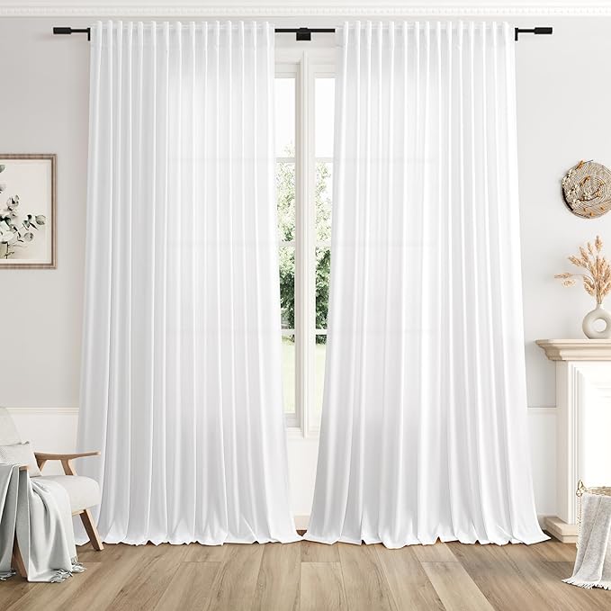 Extra Wide Linen Curtains for Living Room 120 Inch Length for Room Divider White Rustic Farmhouse Curtain Back Tab Rod Pocket Semi Sheer Floor to Ceiling Curtains for Sliding Door 100x120,2 Panles