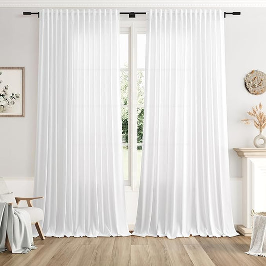 Extra Wide Linen Curtains for Living Room 120 Inch Length for Room Divider White Rustic Farmhouse Curtain Back Tab Rod Pocket Semi Sheer Floor to Ceiling Curtains for Sliding Door 100x120,2 Panles