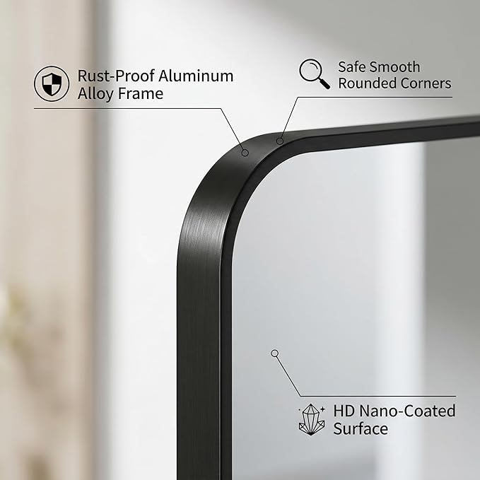 Koonmi Bathroom Mirror, 24X48 Brushed Black Metal Framed Wall-Mounted Mirror for Over Sink, HD Tempered Glass, Anti-Rust, Rounded Rectangle Mirror for Restroom, Bedroom, Hangs Horizontal or Vertical