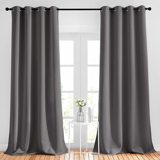 NICETOWN Grey Bedroom Curtains Blackout 96 inches Long, Grommet Energy Saving Thermal Drapes Room Darkening Sound Dampening Window Treatments for Living Room, W52 x L96, 2 Panels