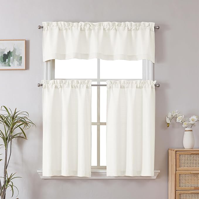 Chyhomenyc Short Curtains 36 Inch Length, Faux Linen Textured Small Kitchen Curtain, Light Filtering Yellowish Half Window Curtains for Basement Cabinet, Each 30x36 Inch, Cream???prev. Ivory???