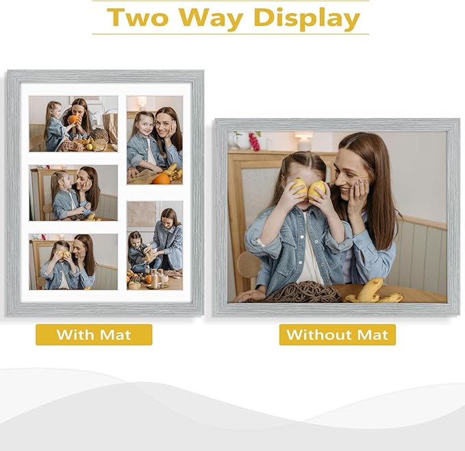 Golden State Art, 11x14 Grey Wooden Frame with White Mat - Displays Five 4x6 Photos - Real Glass, Sawtooth Hangers, Flexible Metal Tabs - Wall Mounting, Landscape, Portrait