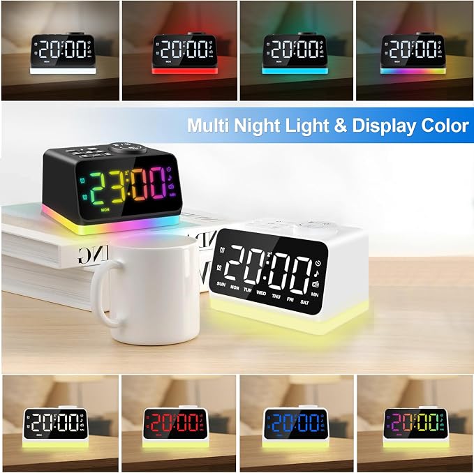 JALL Digital Alarm Clock with FM Radio for Bedroom, 8 Colors Night Light with 2 Charging Port, Sleep Sound Machines with Timer, Dual Alarm, Loud Alarm and Easy to Use for Seniors as Gift - Image 4