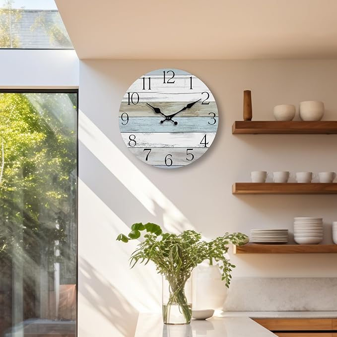 HYLANDA Wall Clock, 14 Inch Wall Clocks Battery Operated Silent Non Ticking, Large Wooden Clocks Decorative for Kitchen, Bathroom, Bedroom, Living Room Blue White