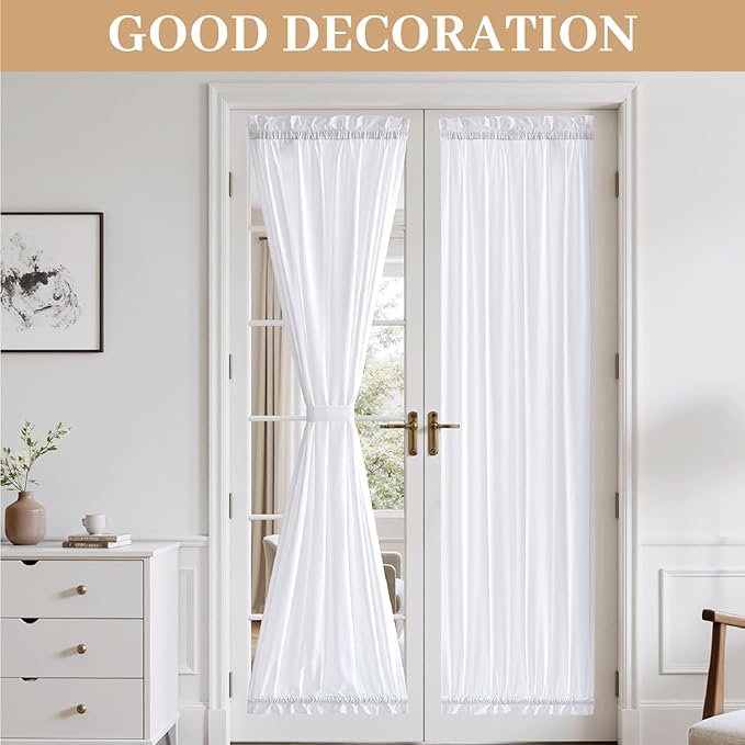 MIULEE Non-See-Through French Door Curtains for Front Door, Privacy Light Filtering Semi Sheer Curtains for Decoration, Window Drapes with Rod Pocket and Tie Back, White, 26 x 80 inches, 2 Panels