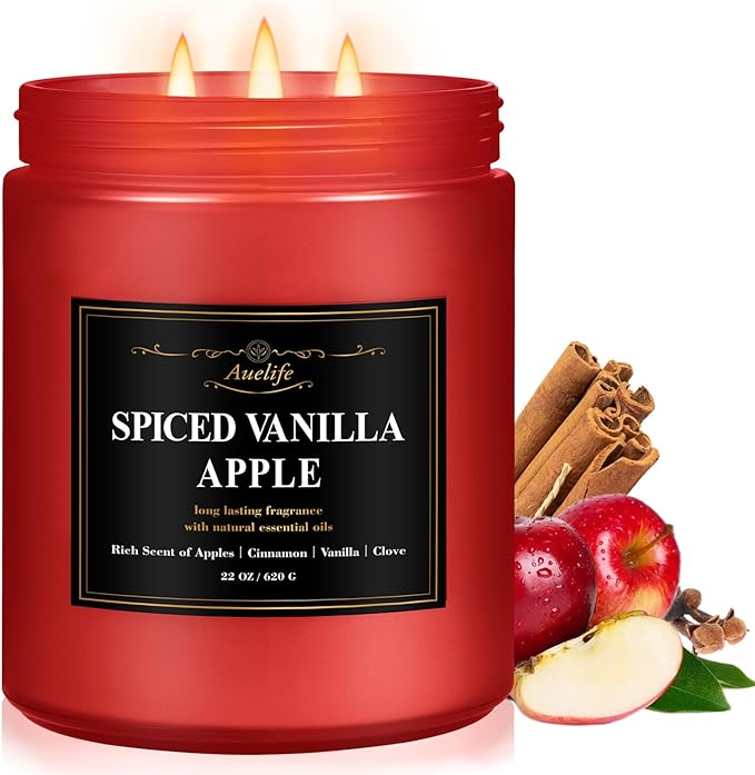Auelife Spiced Vanilla Apple Scented Candle – 22oz Large 3-Wick Soy Candle, Cozy Fall & Autumn Candles for Home, Holiday Gift for Women & Men
