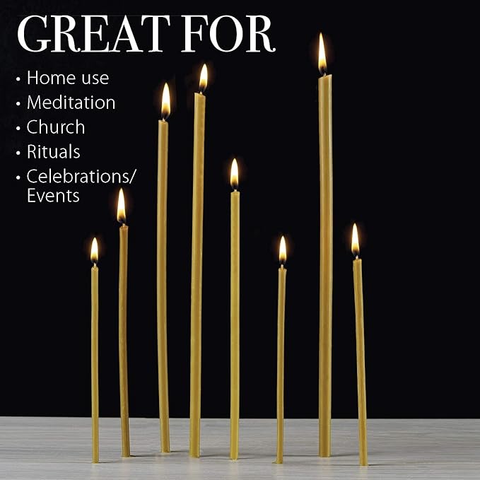 Danilovo Pure Beeswax Candles - Honey-Scented, Decorative Thin Taper Candles - Ideal for Birthday Decoration or Church Prayers - Drip Free, Tall & Smokeless Pack of 50 pcs, 7.3 x 0.24 inch