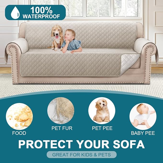 Turquoize 100% Waterproof Sofa Covers Couch Cover Sofa Cover for Dogs Couch Protector Triple Non-Slip Sofa Slipcover for 3 Cushion Couch Furniture Protector for Pets, Kids,Dog (Sofa 70", Pale Oak)