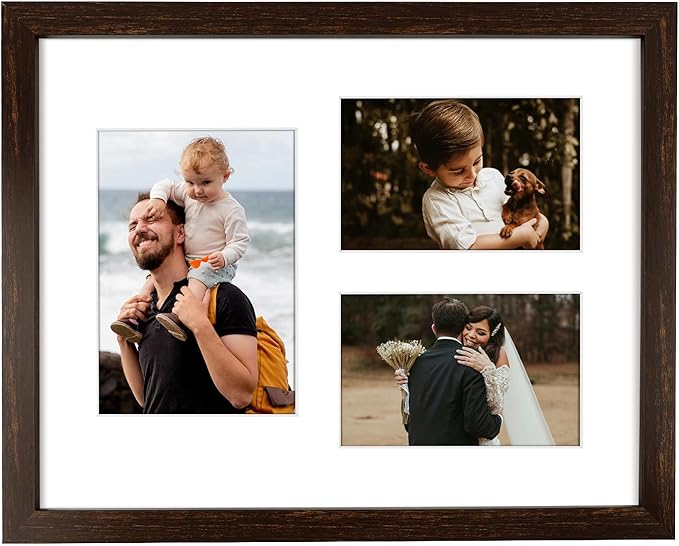 11x14 Dark Brown Wood Picture Frame - White Mat for 5x7 and 4x6 Photos - Real Glass, Sawtooth Hanger, Swivel Tabs - Wall Mounting - Great for Posters, Weddings, and Engagements