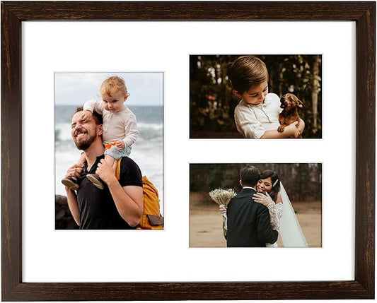 11x14 Dark Brown Wood Picture Frame - White Mat for 5x7 and 4x6 Photos - Real Glass, Sawtooth Hanger, Swivel Tabs - Wall Mounting - Great for Posters, Weddings, and Engagements