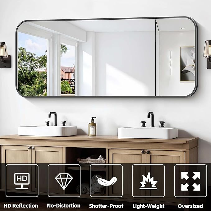Bathroom Mirror, 60 x 24 inch Metal Framed Black Rectangle Mirror, Rounded Corner Rectangular Vanity Mirror, Large Wall Mounted Mirror for Modern Bedroom Living Room Horizontal or Vertical