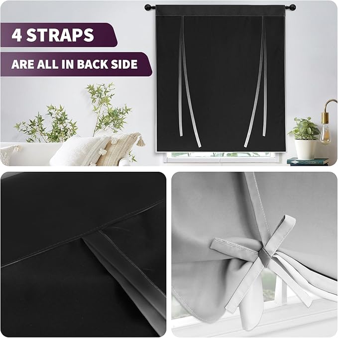 COSVIYA 100% Blackout Ombre Black Adjustable Tie Up Curtains for Kitchen Thermal Insulated Room Darkening Valance Rod Pocket Balloon Roman Shade for Small Window,48" L x 42" W, 1 Panel