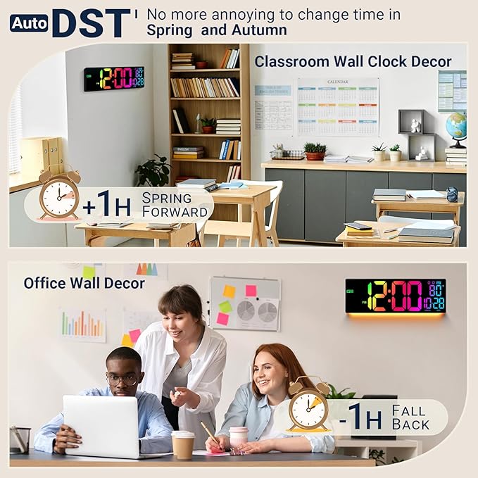 16.5" Large Digital Wall Clock with Remote Control, Auto-Dimming LED Display with Date Temp, Big Number Wall Mount Decor Clock for Seniors, Classroom, Dorm, Home, Office, Gym Colorful