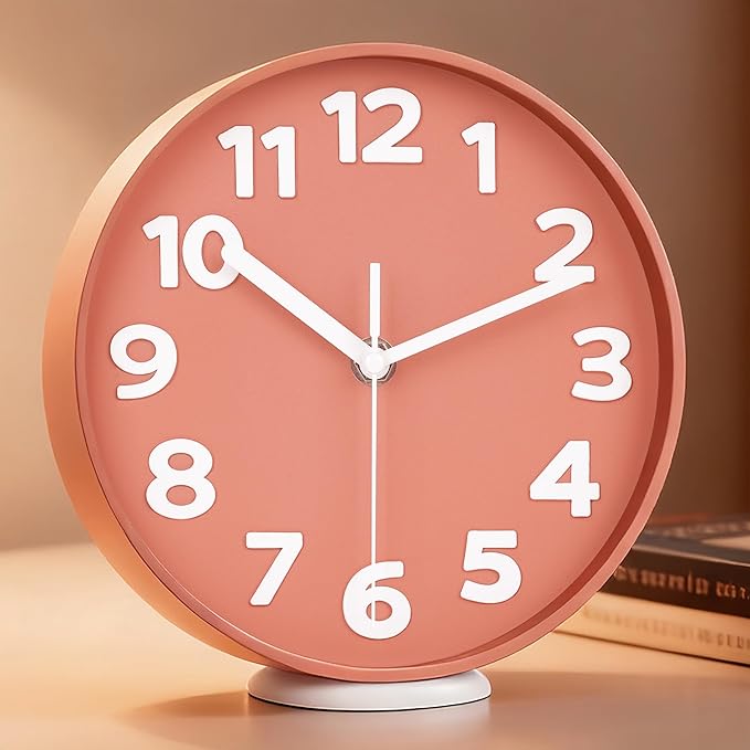 8-Inch Pink Modern Wall Clock ?€? Silent Non-Ticking, 3D Large Numbers, Accurate Timekeeping | Decorative Wall & Desk Clock with Stand for Living Room, Bedroom, Kitchen, or Office