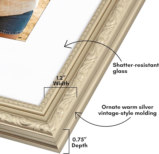 Americanflat 11x14 Picture Frame with Shatter-Resistant Glass - Use as 8x10 Frame with Mat or Display 11x14 Photo Without Mat - Ornate Picture Frames for Wall Display - Silver