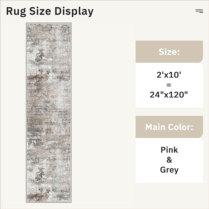Soalmost Runner Rug 2x10 Washable Non-Slip Hallway Runner Rugs for Kitchen Bathroom Laundry Room Pink/Grey Vintage Floor Carpet Runners for Hallways Entryway