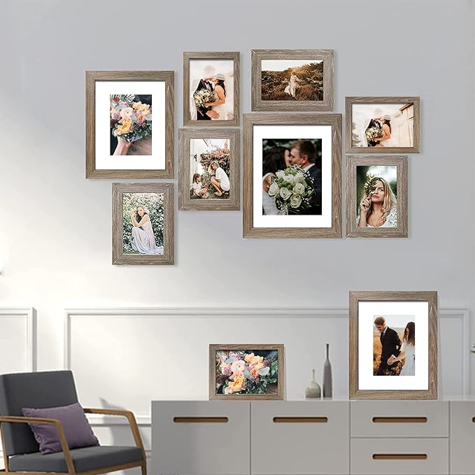 SESEAT Picture Frames Collage, Gallery Wall Frame Set with 11x14 8x10 5x7 4x6 Frames in Light Brown Finishes, Set of 10