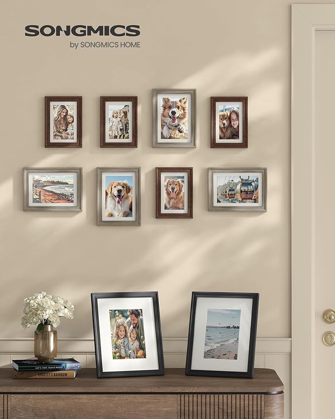 SONGMICS Picture Frames with 16 Mats, Set of 10 Collage Photo Frames, Two 8x10, Four 5x7, Four 4x6, Hanging or Table Display,12 Non-Trace Nails, Maroon Brown, Heather Greige, Ash Black URPF049K04