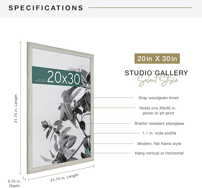 MCS Studio Gallery 20x30 Poster Frame Gray Woodgrain Engineered Wood, Vertical & Horizontal Wall Hanging Large Picture Frame for Photos, Posters & Art Prints (1-Pack)