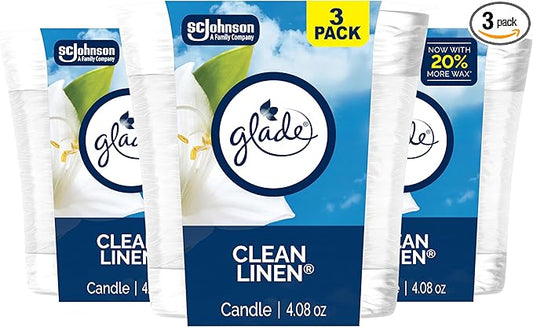 Glade 1-Wick Scented Candle Jar, Clean Linen, Air Freshener Infused with Essential Oils, 4.08 Oz, 3 Count