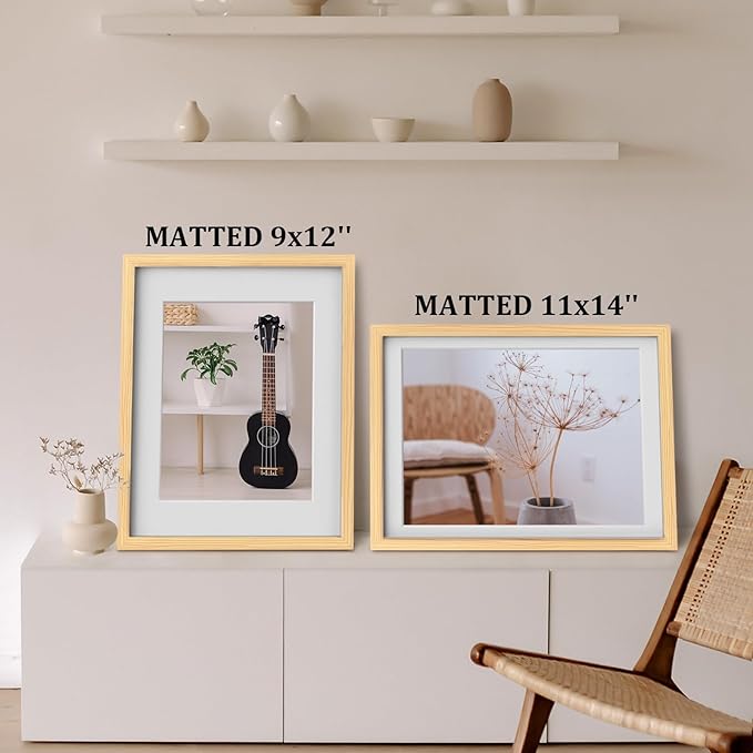 Egofine 12x16 Picture Frames Natural Wood Set of 2, Solid Wood Frames Covered by plexiglass, Display photos 9x12/11x14 with Mat or 12x16 without mat, for Wall Mounting