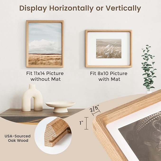 11x14 Picture Frame, USA-Sourced Oak Wood Photo Frame with HD Tempered Glass, Handcrafted Rounded Corner 11 x 14 Wooden Frames Matted to 8x10 Photos, Horizontal or Vertical Wall Display, 2 Pack