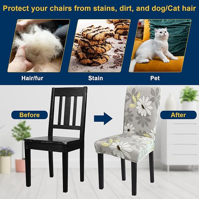 Dining Chair Covers, 4pcs Stretch Kitchen Chair Covers, Removable Washable Chair Slipcovers for Home, Hotel, Banquet (Grey Flower)