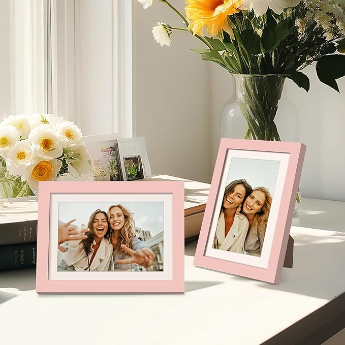 upsimples 5x7 Picture Frame, Display Pictures 4x6 with Mat or 5 x 7 Without, Wall Hanging Photo Frames, Pink, 1 Pack