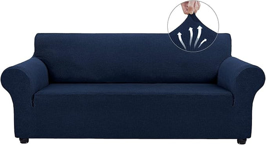 Asnomy Couch Covers for 3 Cushion Couch Stretch Sofa Covers Slipcovers, Pet Protector Furniture Covers for Dogs Cats Spandex Jacquard Fabric Small Checks （Large， Navy Blue）