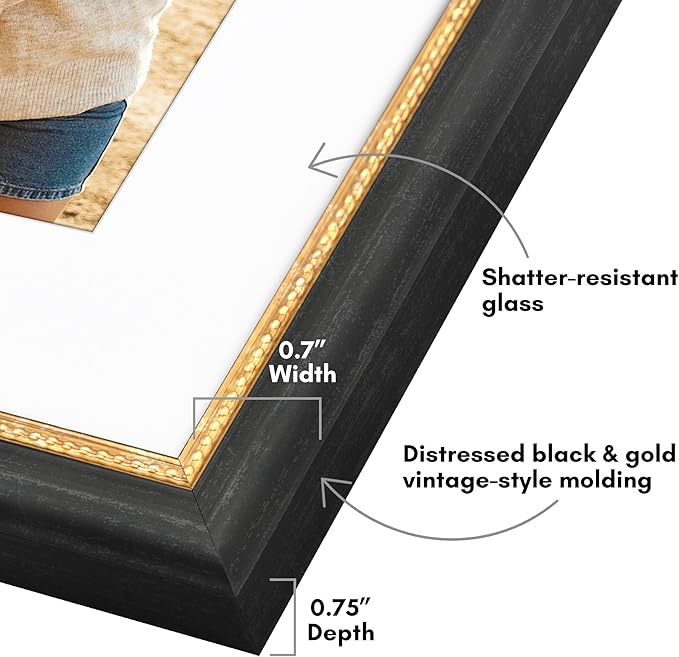Americanflat Vintage Frames - 8x10 Picture Frame with Beaded Accents and Shatter-Resistant Glass - Use as 5x7 Frame or Display 8x10 Photos Without Mat - Heirloom Collection - Black Gold