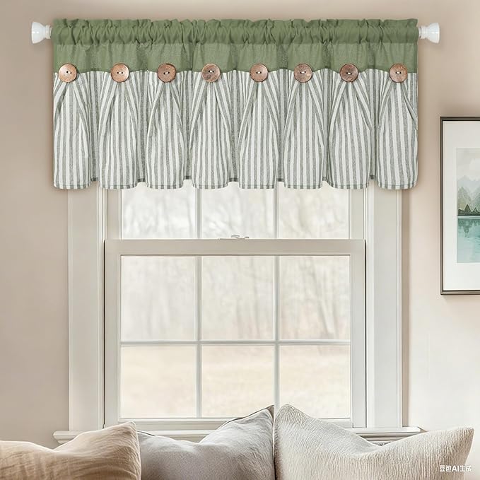 ASPMIZ Farmhouse Cotton Linen Valances for Windows, Boho Kitchen Curtains Valances with Rustic Button, Green Striped Window Treatments Curtain Valance for Bathroom Cafe, 52 x 18 Inch, 1 Pannel
