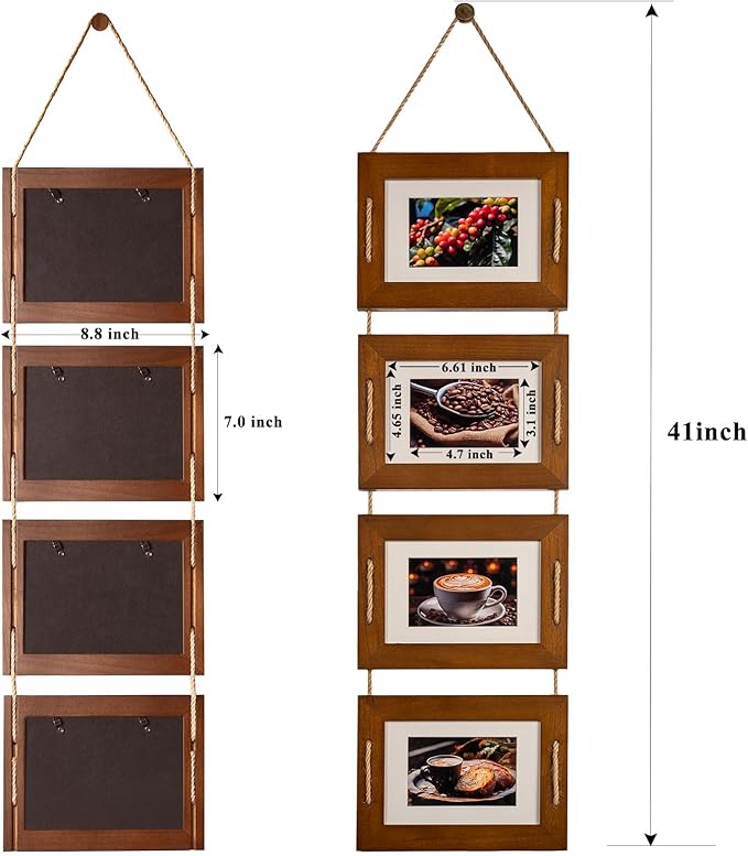 DLQuarts 5x7 Hanging Collage Picture Frames Wall Decor, 4-Opening 5x7 Matted to 3.5x5 Photo Rustic Wood Frame with Hemp Rope, 2 Pack, Dark Walnut