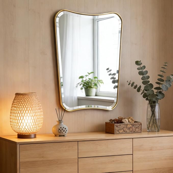 POZINO Irregular Beveled Mirror, 24"x36" Modern Bathroom Vanity Mirror, Brushed Gold Aesthetic Mirrors with Stainless Steel Frame, Butterfly Shape Wall Mirrors for Bedroom Living Room Entryway