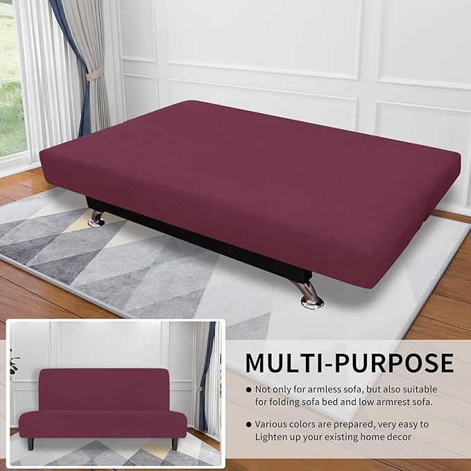 Easy-Going Stretch Futon Slipcover Armless Futon Bed Cover Furniture Protector Without Armrests with Elastic Bottom for Kids, Soft Jacquard Fabric Small Checks (Large, ASH Rose)