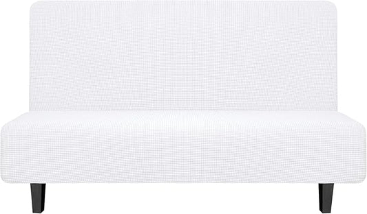Easy-Going Stretch Futon Slipcover Armless Futon Bed Cover Furniture Protector Without Armrests with Elastic Bottom for Kids, Soft Jacquard Fabric Small Checks (Medium, Snow White)