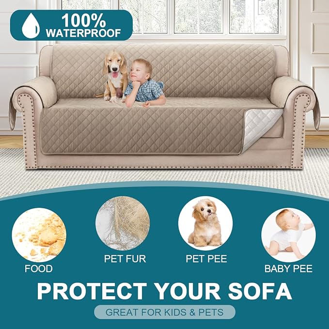 Turquoize 100% Waterproof Sofa Covers Couch Cover Sofa Cover for Dogs Couch Protector Triple Non-Slip Sofa Slipcover for 3 Cushion Couch Furniture Protector for Pets, Kids,Dog (XL Sofa 78", Khaki)
