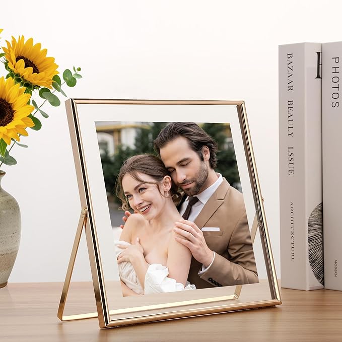 Gold 8x8" Floating Frame 2 Pack for Photo size(5x5'',6x6'' 8x8''),Adjustable Tabletop/Shelf floating Picture Frame,Classy Metal Gift Frames for Wedding,Thanksgiving,Christmas,Birthady,Home or Office Decor.