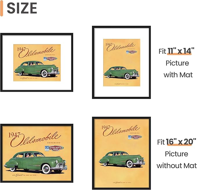 upsimples 16x20 Picture Frame, Display Pictures 11x14 with Mat or 16 x 20 Without, Wall Hanging Poster Frame, Black, 1 Pack